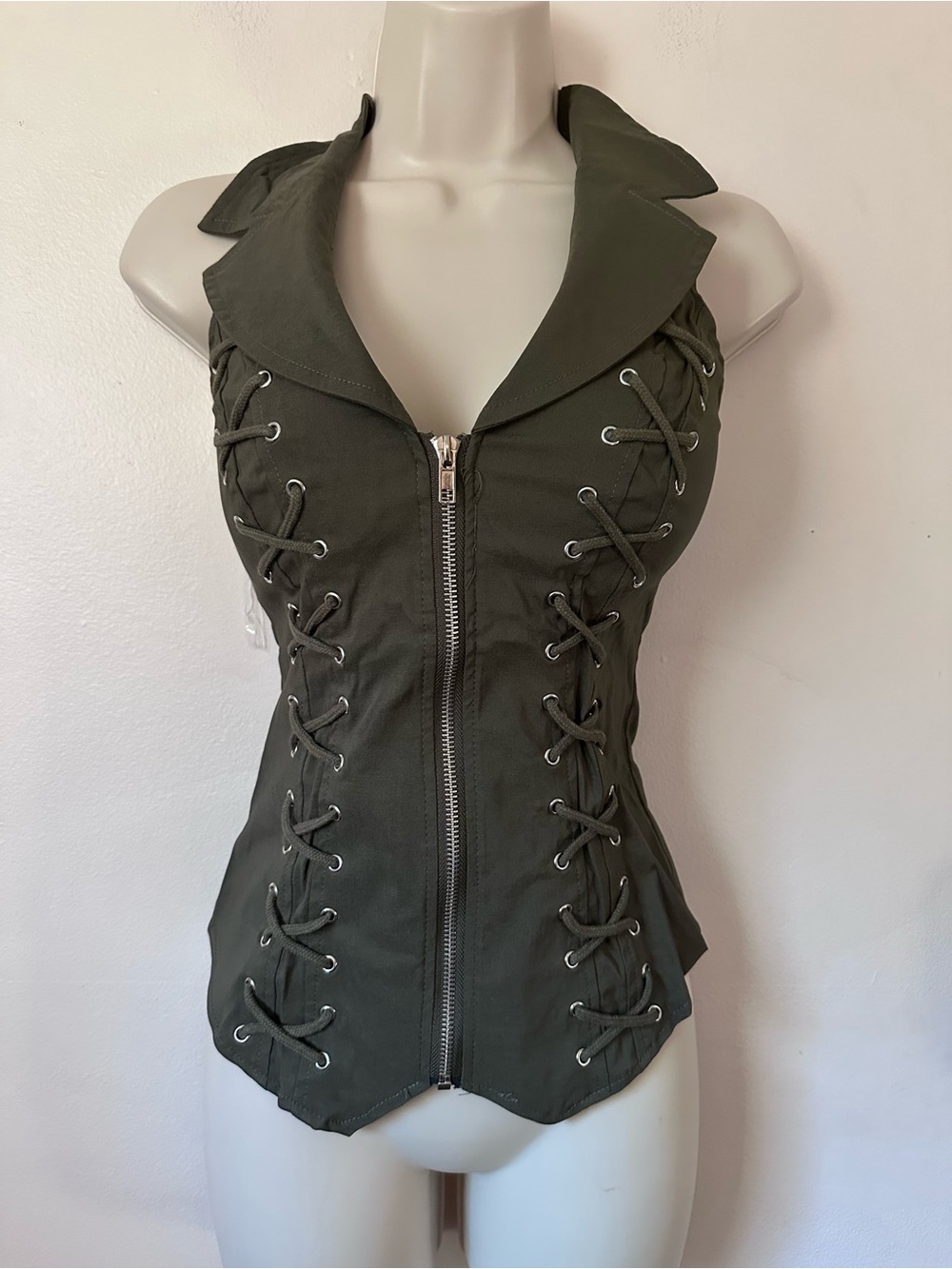 Olive Green Lace-Up Sleeveless Zip Front Top